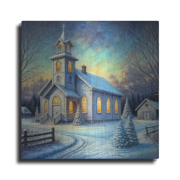 Luxe Metal Art 'Small White Church In Winter' by Rey Klimt Metal Wall Art, 24" x 24"