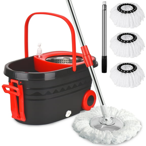 Spin Mop and Bucket on Wheels, Mop and Bucket Set, 360°Spinning Mopping Bucket with 3 Microfiber Refills & 61" Extended Mop Rod for Floor Cleaning, Black & Red