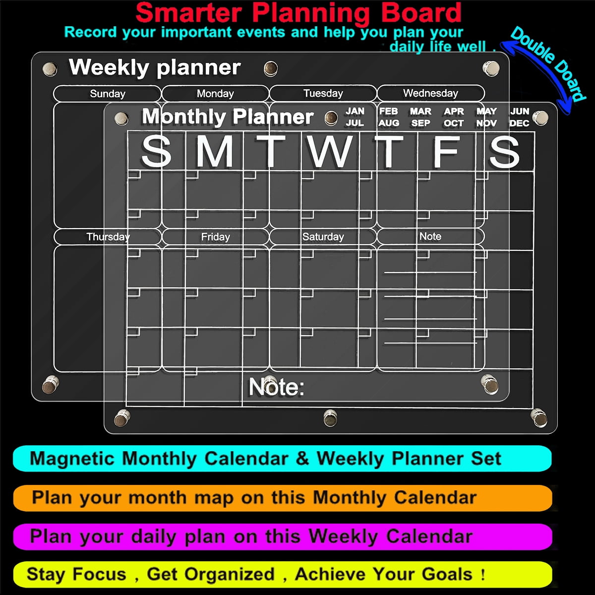 Acrylic Magnetic Dry Erase Board for Fridge for Wall for Magnets，2-Pack 15.74" X 11.81" Clear Planning Boards - Monthly Calendar + Weekly Calendar，Meal Planner, Kitchen Menu Planner Reminder