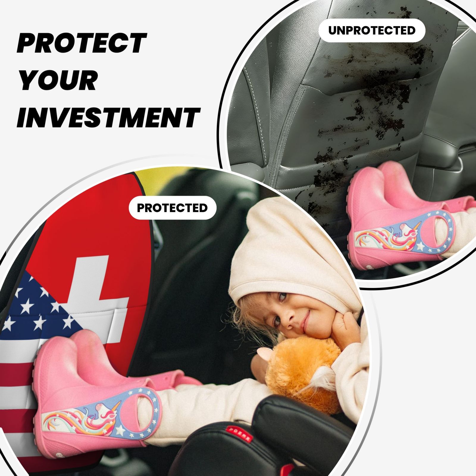 Xecao USA Switzerland Pattern Car Seat Back Protector 2 Pack Large Capacity Pocket, Kick Mats Back Seat Protector