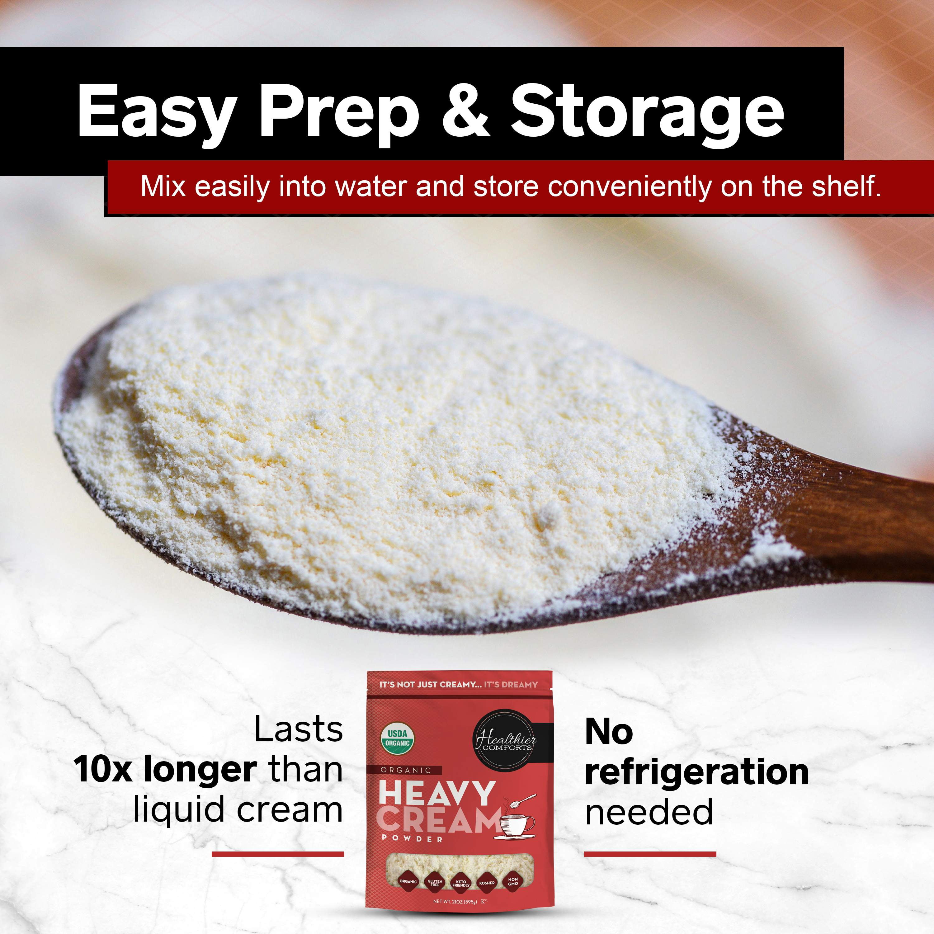 Healthier Comforts Organic Heavy Cream Powder 7oz | Kosher, Gluten Free, Non-GMO, and Keto Friendly | Long Lasting, Easy Sauces, Baking | Made in the USA