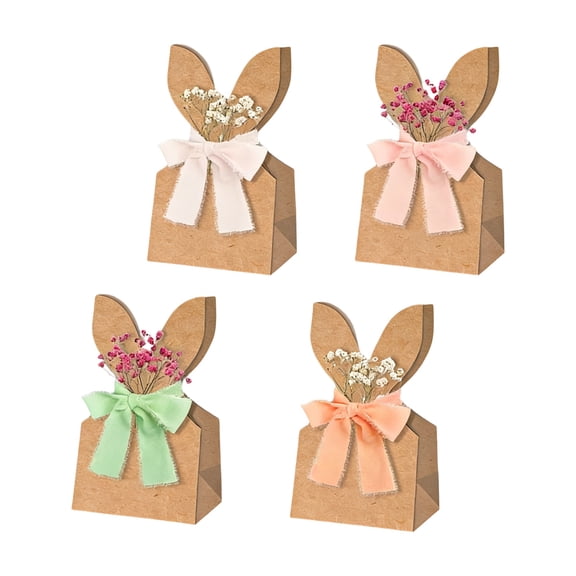 Easter Bunny Kraft Paper Bags Set of 12, Cute Brown Gift Sacks with Rabbit Ear Handles, Includes 4 Ribbon Rolls and 12 Dried Flowers, Fillable Candy Treat Bags for Spring Party Favors DIY Decor