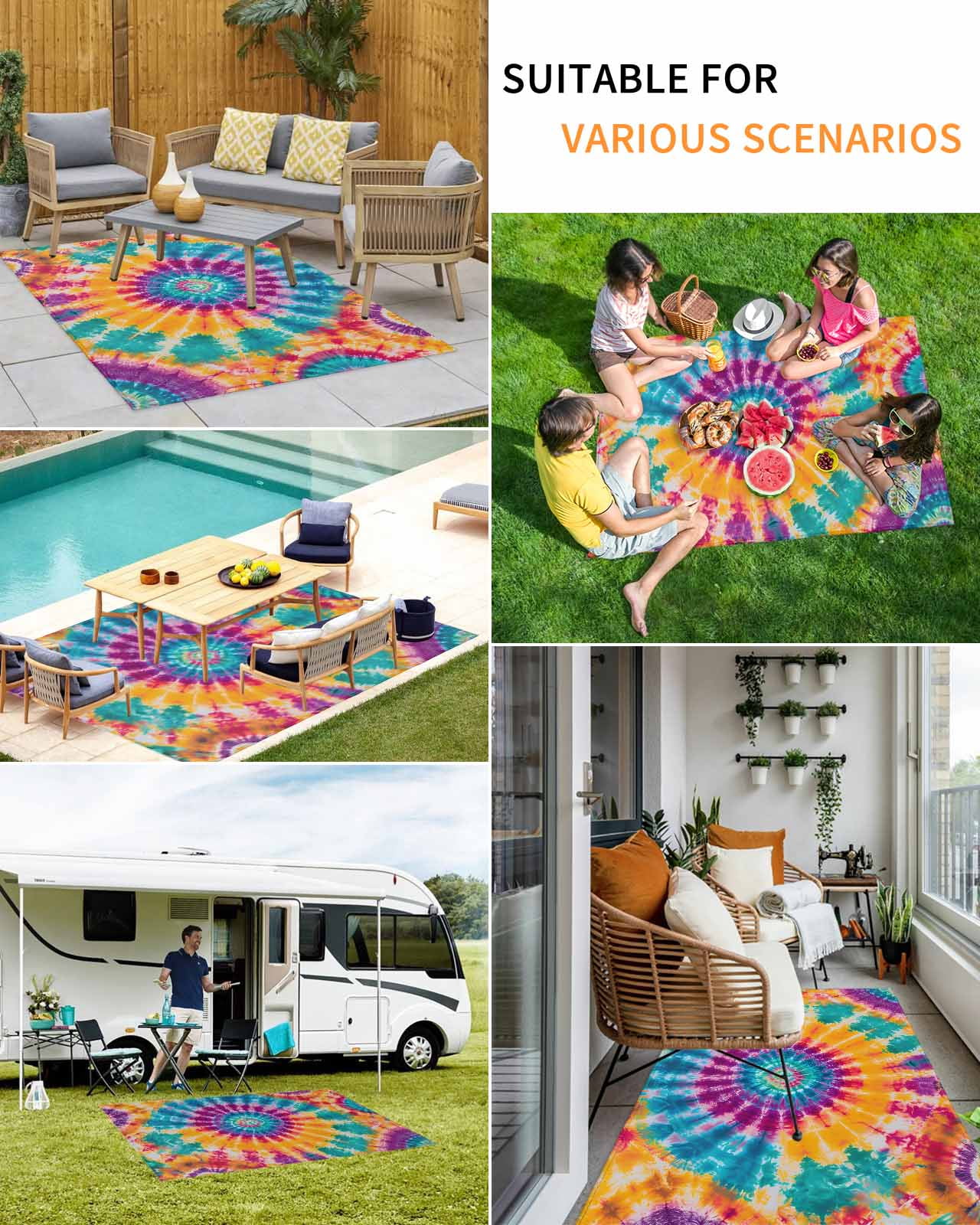 Outdoor Rug 5x8 ft Abstract Ethnic Tie Dye Waterproof Outdoor Patio Rug Mat Non Slip Outside Area Rugs Carpet for RV,Camping,Porch,Deck,Pool,Balconybackyard,Watercolor Colorful