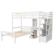 Euroco Wood Twin Bunk Loft Bed with Desk, Drawers and Shelf for Kids Teens, White