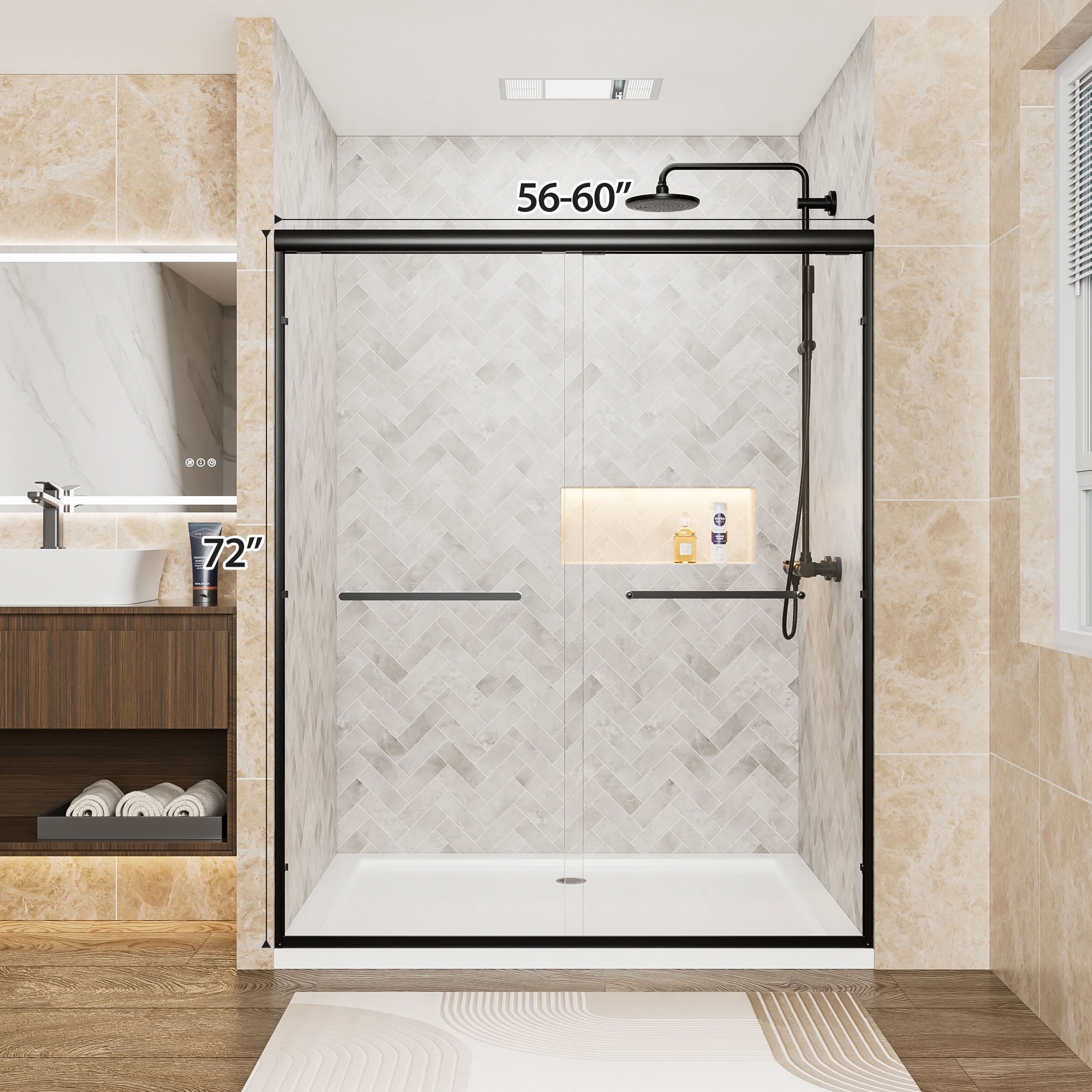 MAYEERTY Double Sliding Shower Door, Matte Black Aluminum Frame, 1/4" Tempered Safety Glass with Explosion-Proof Film, Waterproof & Reversible Installation