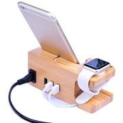 MOOZO Bamboo Wood Desktop 3 USB HUBCharging Dock Station Charge Holder Cradle Stand Compatible iPhone Xs MAX XR X 8 7 6