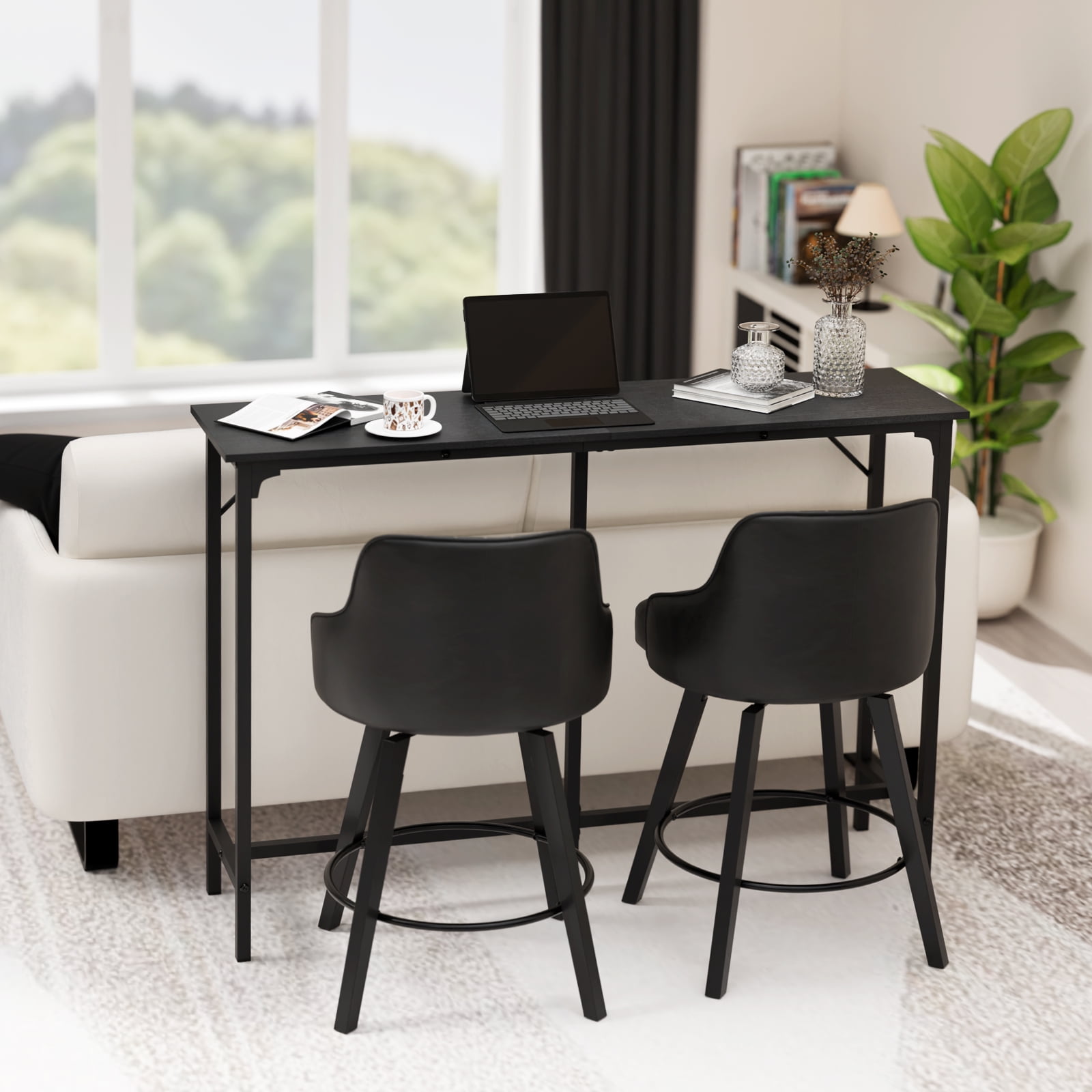 Zimtown 55" Long Bar Table Mid-Century Counter Height Pub Table for 4-8 People, Bar Height Table with Adjustable Feet for Kitchen Island, DIning Room, Bistro, Black