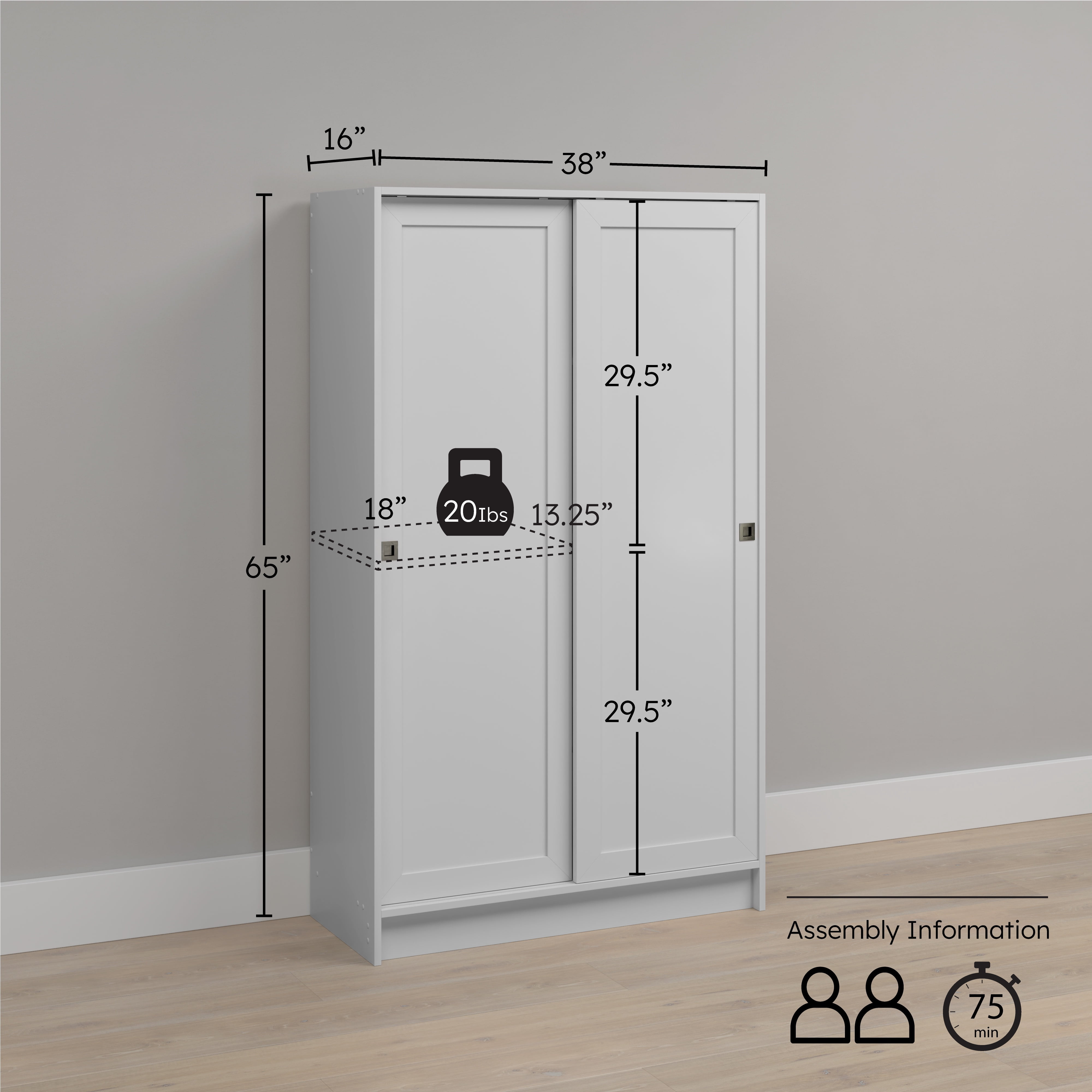 Prepac Elite Plus 38" Wide Storage Cabinet, 65" Tall Pantry Cupboard with 2 Fixed and 4 Adjustable Shelves, Laundry Room Cupboard with Sliding Doors and Metal Knobs, Living Room Accent Cabinet, White