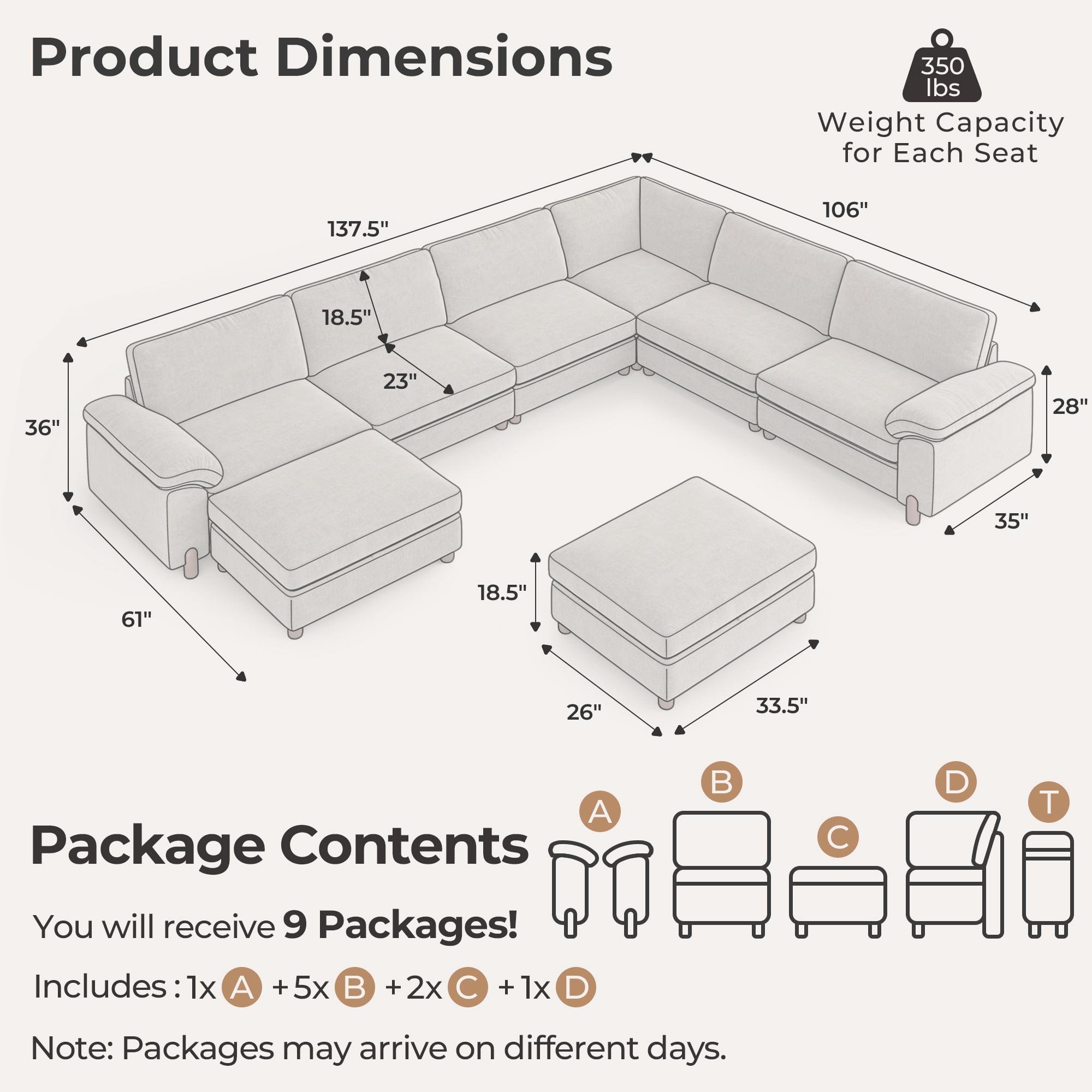 Modular Sectional Sofa with Removable Washable Covers, Oversized Deep Seat 6 Seater V Shaped Couch with Storage Ottoman, Chenille in Light Gray