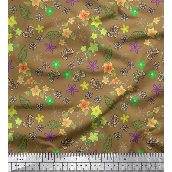Soimoi Brown Cotton Poplin Fabric Leaves,Insect & Floral Artistic Print Fabric by Yard 56 Inch Wide