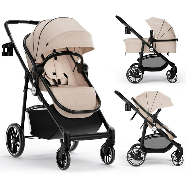 Poussette pour Bébé 2 en 1 pour Bébé, Poussette Haute pour Nourrisson et Nacelle Réversible, Poussette Pliable avec Capote Réglable, Porte-Gobelet, Panier de Rangement et Roues à Suspension.