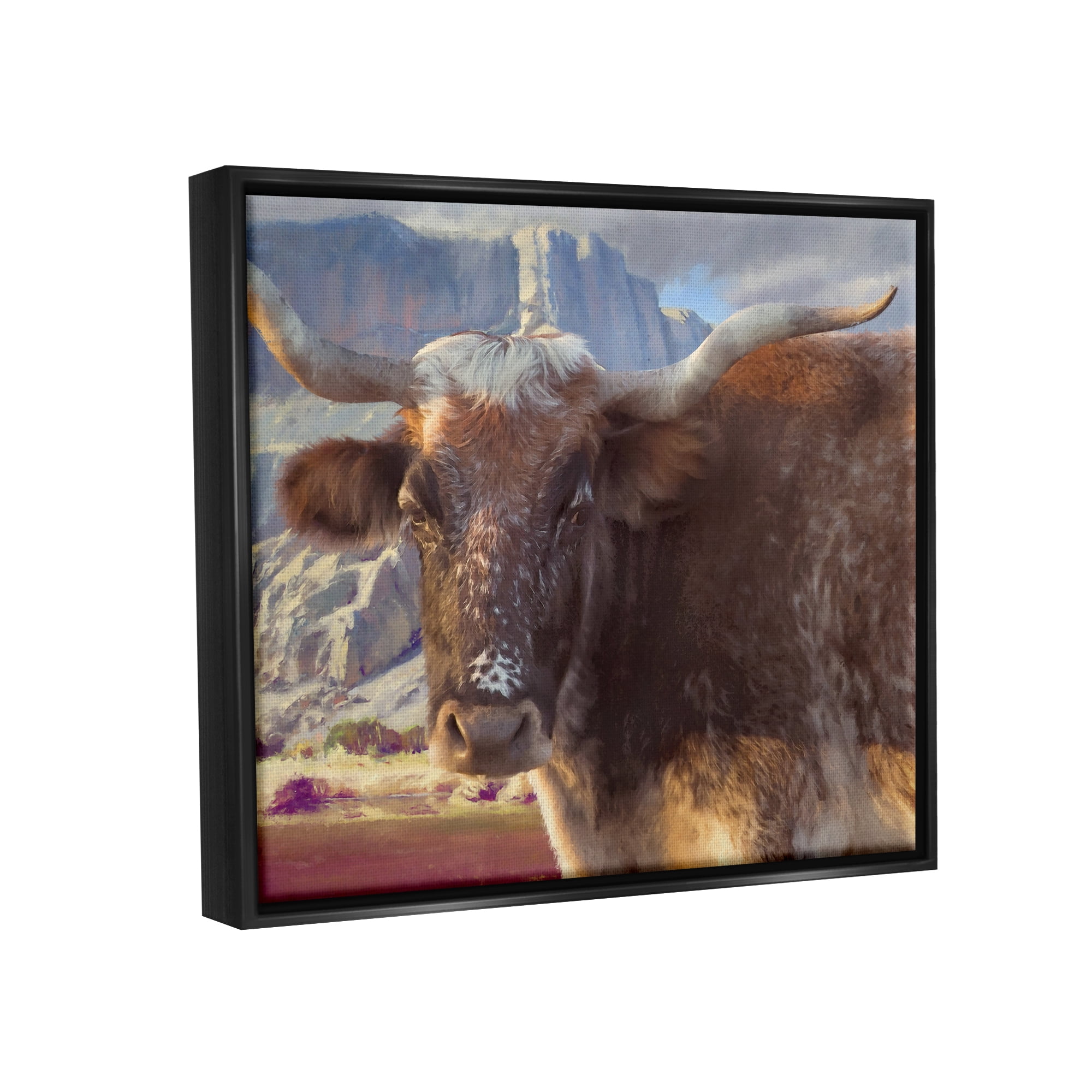 Stupell Longhorn Cattle Rural Mountains Animals & Insects Painting Black Floater Framed Art Print Wall Art