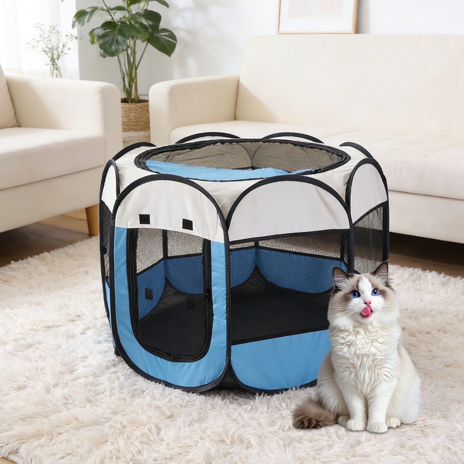 AuroraX Small Octagon Pet Playpen Foldable Playpen with Zipper Blue Indoor Outdoor Easy Clean Tent Portable Waterproof Playpen