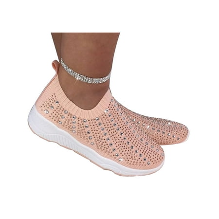 

Women Slip On Rhinestone Casual Trainers Sports Gym Plain Sneakers Jogging Shoes