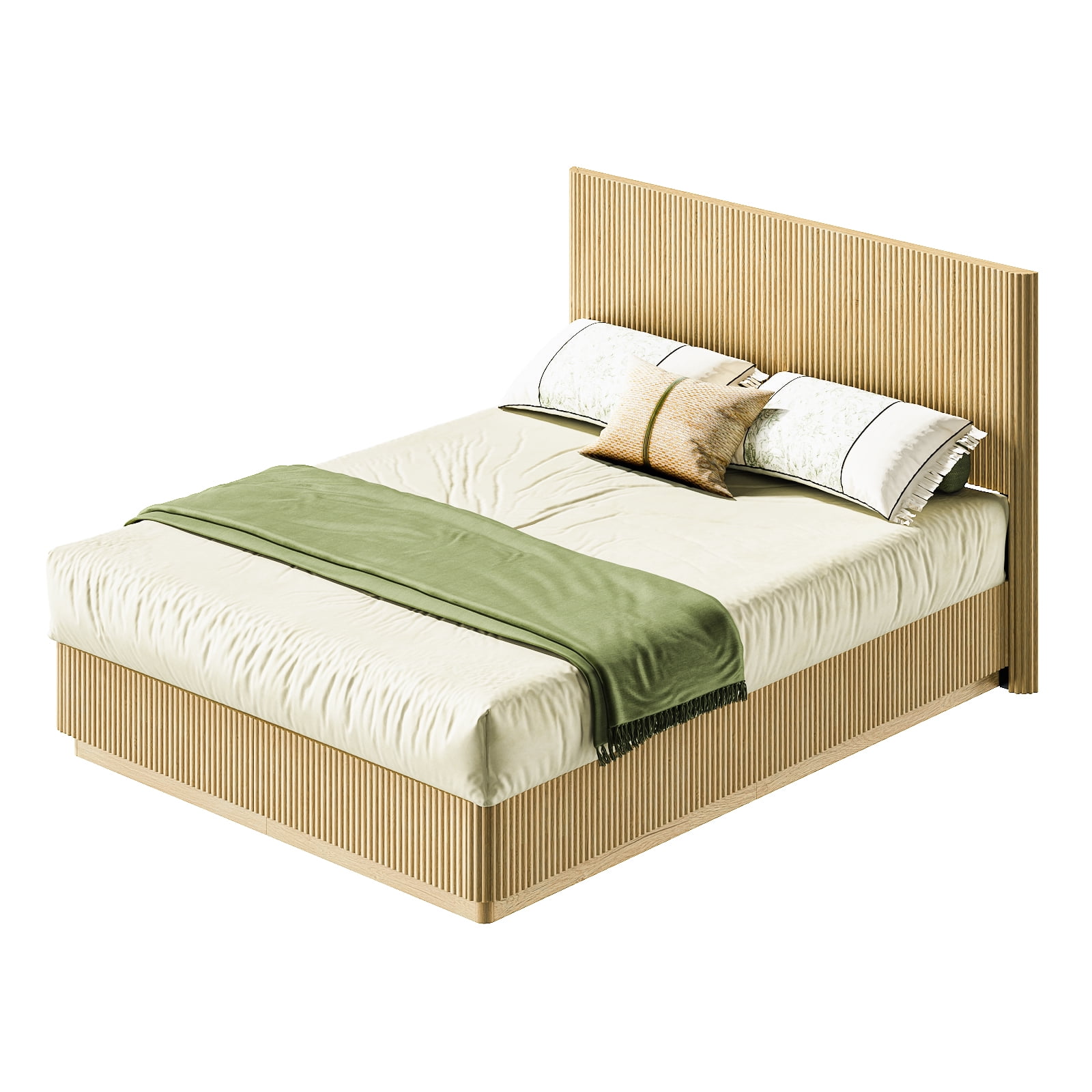 Queen Size Bed Frame with Built-In Nightlight System, Modern Wooden Corrugated Curved Lines Platform Bed, No Box Spring Needed, Adjustable Lighting, Oak
