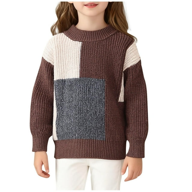 ShomPort Chandails pour Filles à Blocs de Couleur Col Rond Tricoté Manches Longues Extensible Chandail Côtelé Chaud Léger Blouses