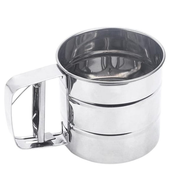 Taza tamiz de harina de acero inoxidable, colador de polvo, prensa manual, 1 ud.