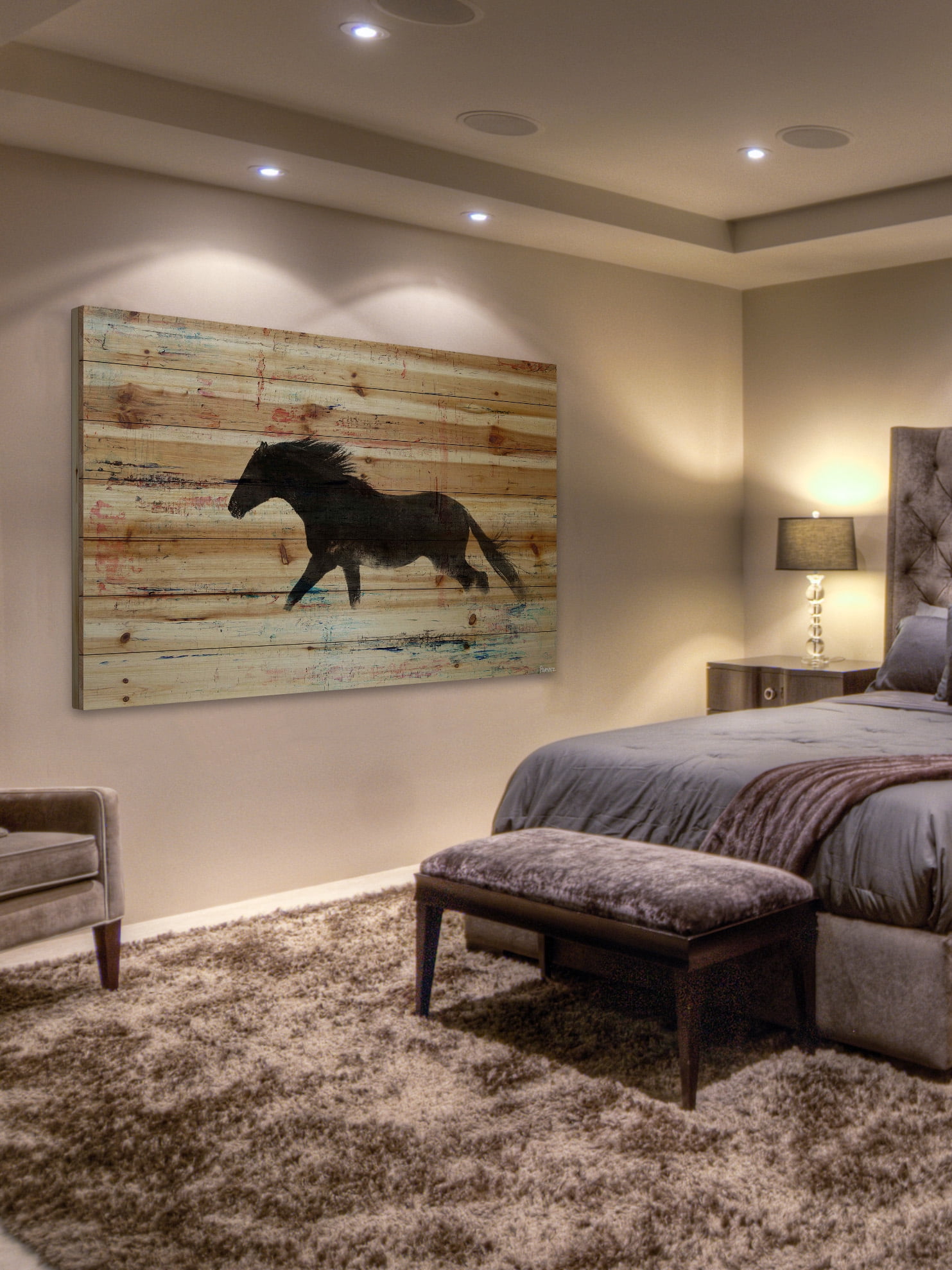 "Black Horse Stride" Painting Print on Natural Pine Wood