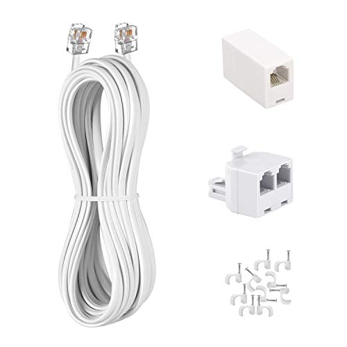 Phone Cord 15FT, Landline Telephone Cable with RJ11 Plug, Includes Telephone Inline Coupler RJ11