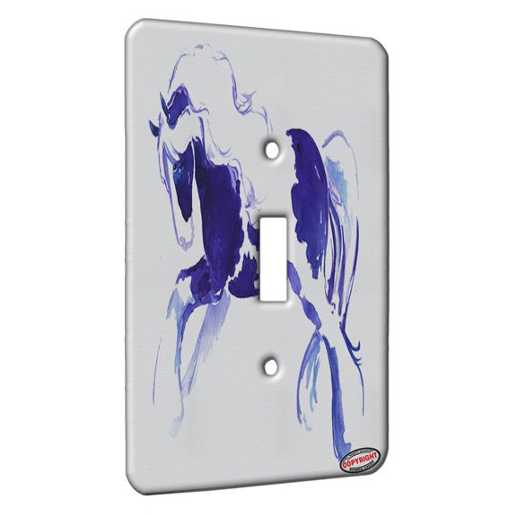 KuzmarK™ Single Gang Toggle Switch Wall Plate - Prancing Piebald Gypsy Vanner Stallion in Purple and Blue Abstract Horse Art by Denise Every