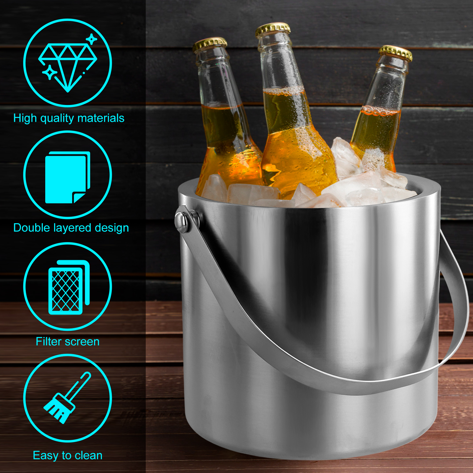 Lzvxtym Stainless Steel Ice Bucket with Lid Strainer Tong 2.0L Double Walled Insulated Ice Bucket Ice Bucket Container for Cocktail Bar Parties
