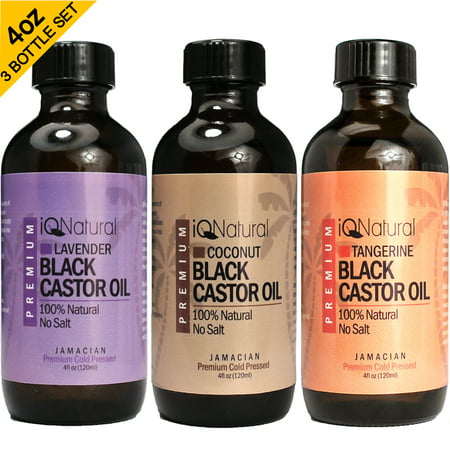 IQ Natural's 100% Cold Pressed Jamaican Black Castor Oil for Hair Growth and Skin Conditioning - 4oz Glass Bottles LAVENDER , TANGERINE,