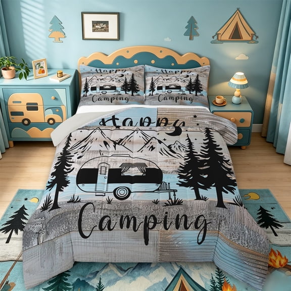 Catabedysis Vintage Camping Full Size Comforter Sets,Mountain Camper Print Bedding Comforter Set For Boys,Multicolor,Light Gray Reversible,3pcs,1 Comforter and 2 Pillowcases
