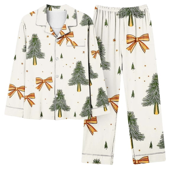 asdoklhq Women Christmas Pajamas Women's Christmas Home Pocket Printed Pajama Set for Daily Home Wear Long Sleeves Set Army Green L