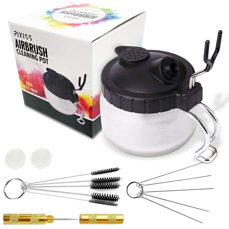 Kkmoon Airbrush Cleaning Pot, Glass Air Brush Holder, Paint Jar Bottle, Spray Wash Tools Needle Nozzle Brush Set, for Professional Airbrushing, Beige