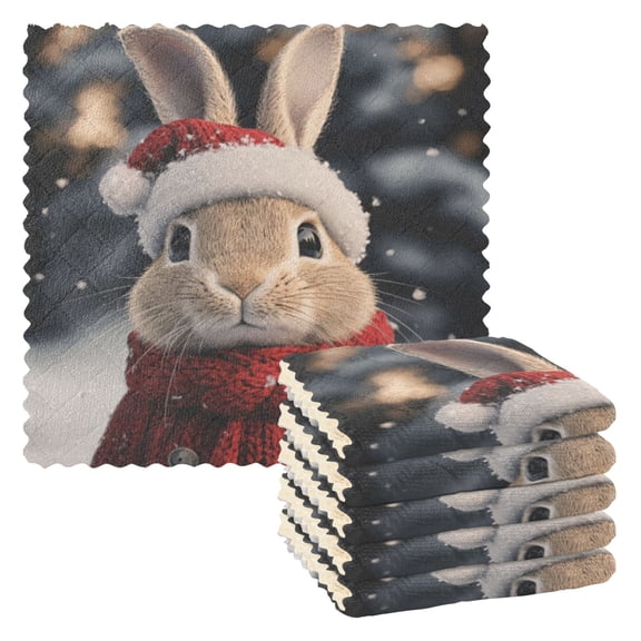 6 Pieces of Kitchen Towels 11x11Inch Kitchen Dish Cloths Kitchen Dish Towels Reuseable Cleaning Cloths Christmas Rabbit Red