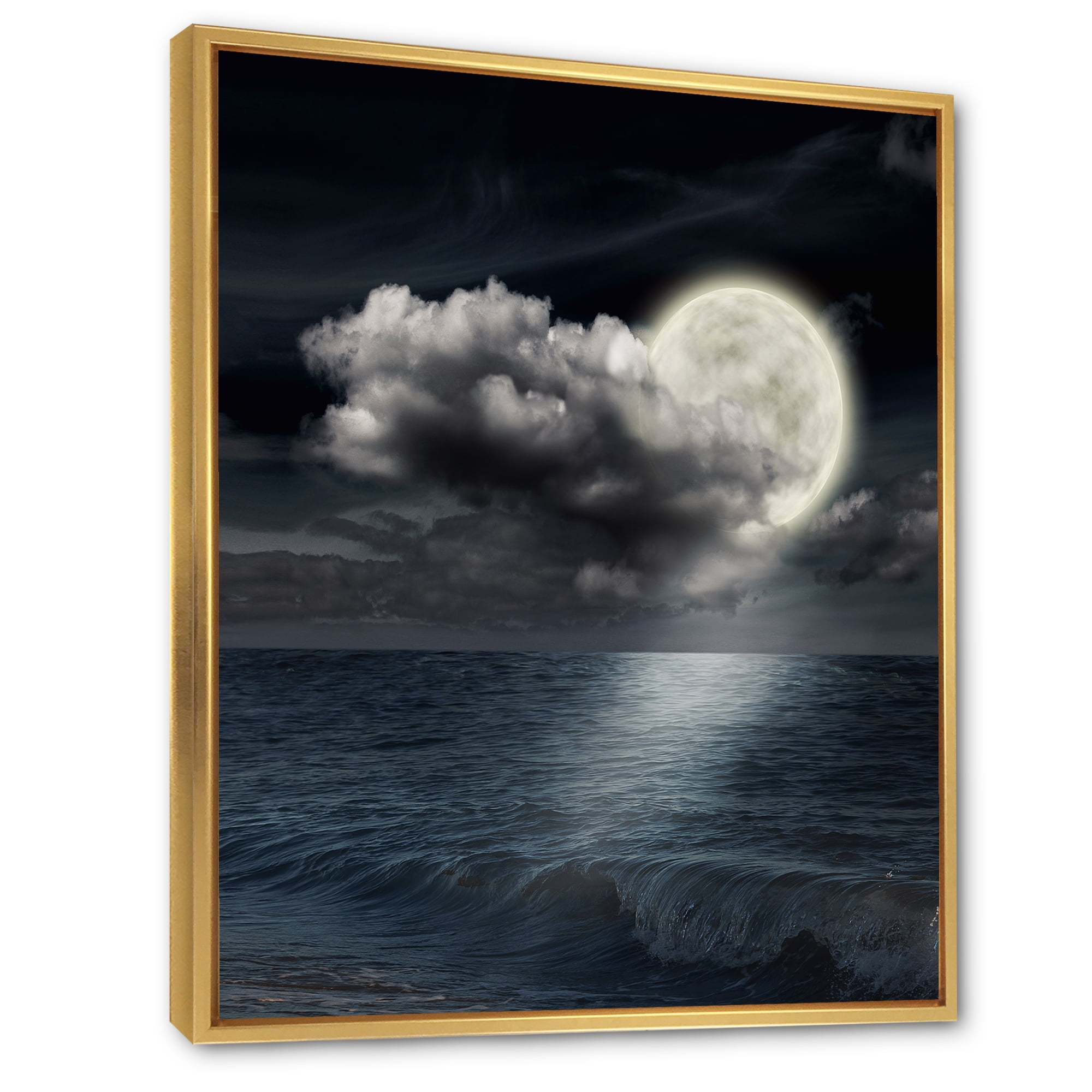 Designart 'Full Moon Night in Cloudy Sky VI' Nautical & Coastal Framed Canvas Wall Art Print