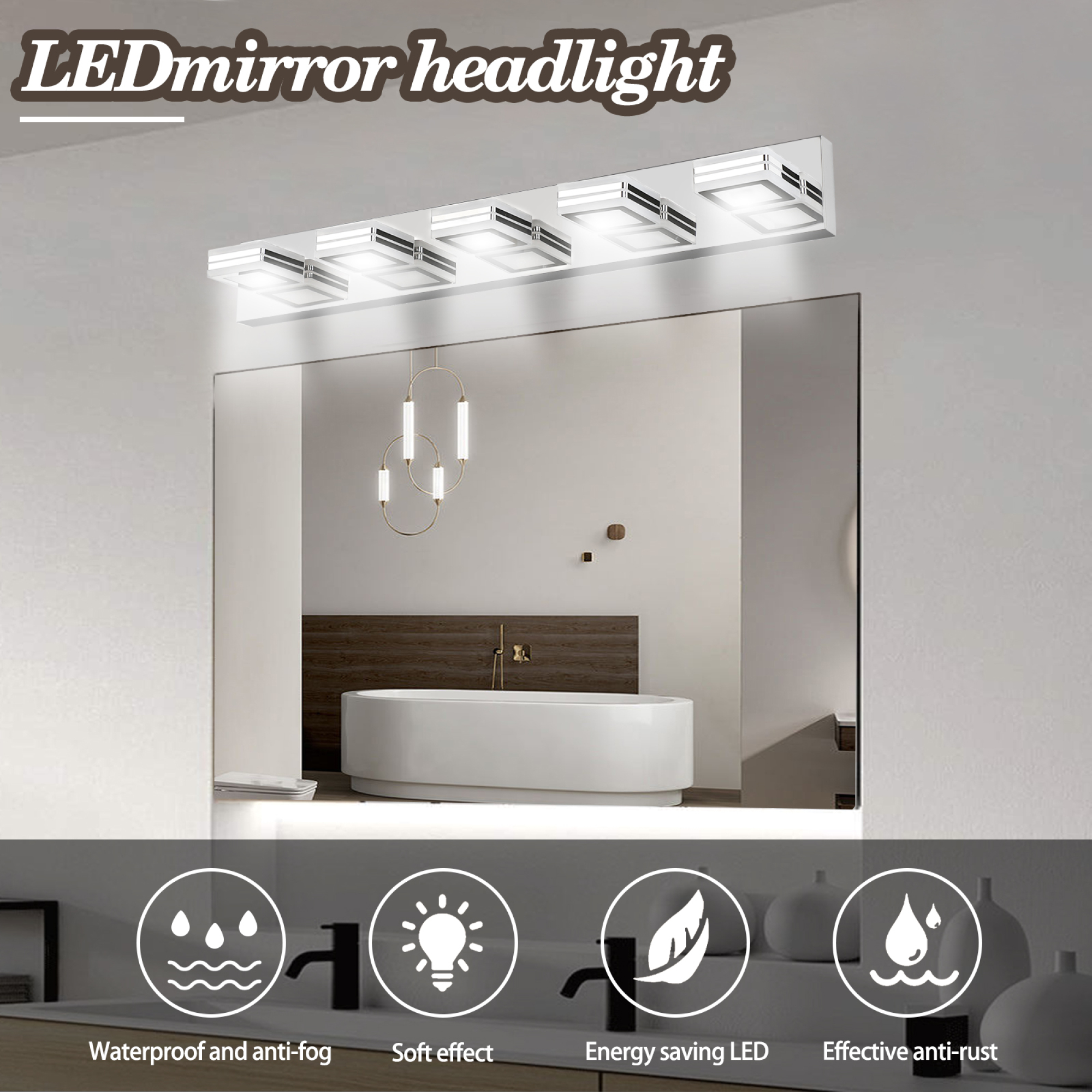 Leumius Modern 5-Light LED Vanity Light, Square Acrylic Lampshades Wall Mount Fixture for Mirror, Bathroom, Bedroom and Hallway Chrome