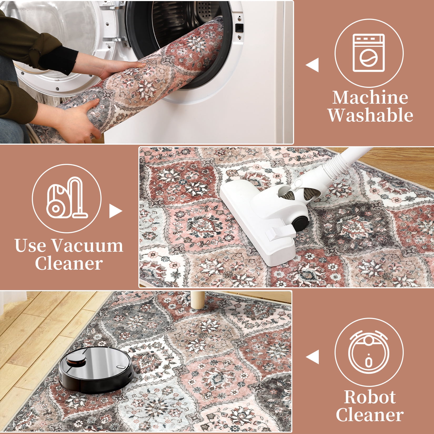 HOMERRY Indoor Washable 4' x 6' Area Rug Moroccan Trellis Floral Rug for Living Room Non-Slip Floor Carpet for Bedroom, Pink/Gray