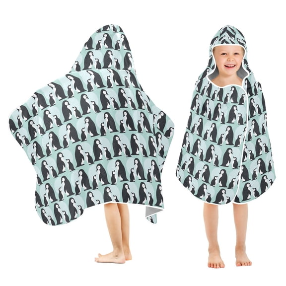 Yayeee Kids Hooded Towel with Hand Pockets Beach Soft Absorbent Bath Wrap 50 x 23.5 inch, Green Penguins Pattern