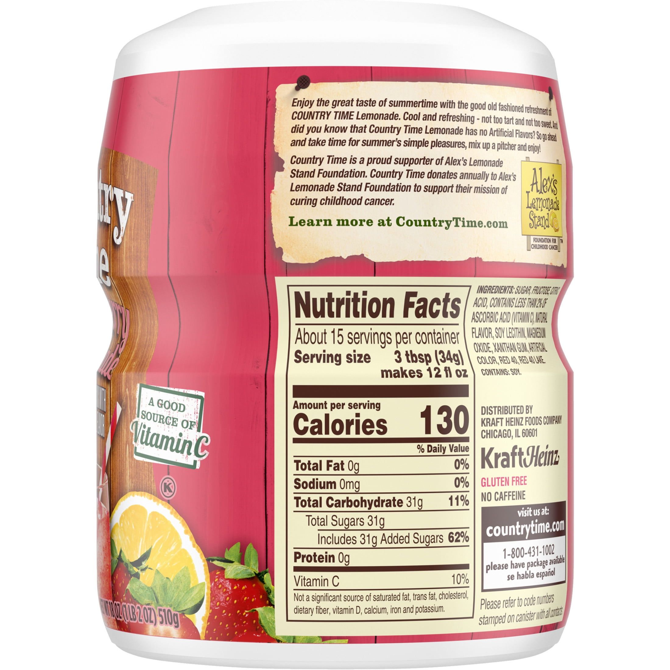 Country Time Strawberry Lemonade Powdered Drink Mix, 1 Canister, for Shareable Refreshment, Naturally Flavored with Other Natural Flavor, No Artificial Sweeteners or Flavors, 18 oz