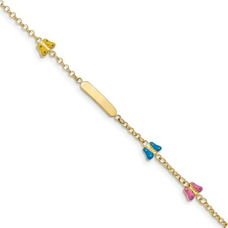 14k Yellow Gold 6in Enamel Butterfy Baby/Child ID Bracelet (Plate:0.7 x 0.1in)