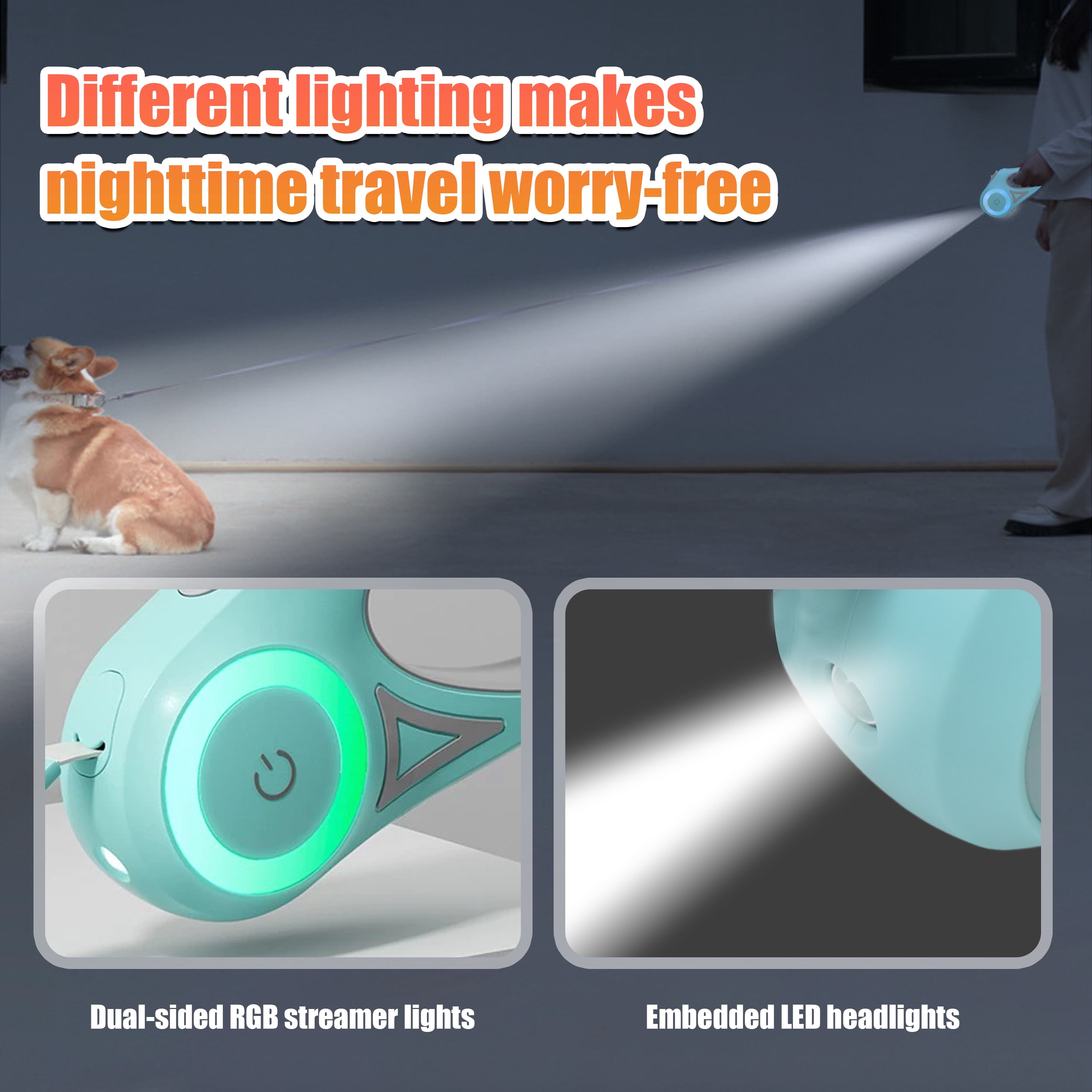 9.8FT Retractable Dog Leash with LED Light, U-Shape Tangle-Free Design & RGB Side Lights, for Small/Medium Dogs Up to 50 lbs (Batteries Not Included)
