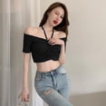 thumbnail image 3 of Women‘s Off Shoulder Frill Knot Front Knit Short Sleeve Crop Tops, 3 of 3
