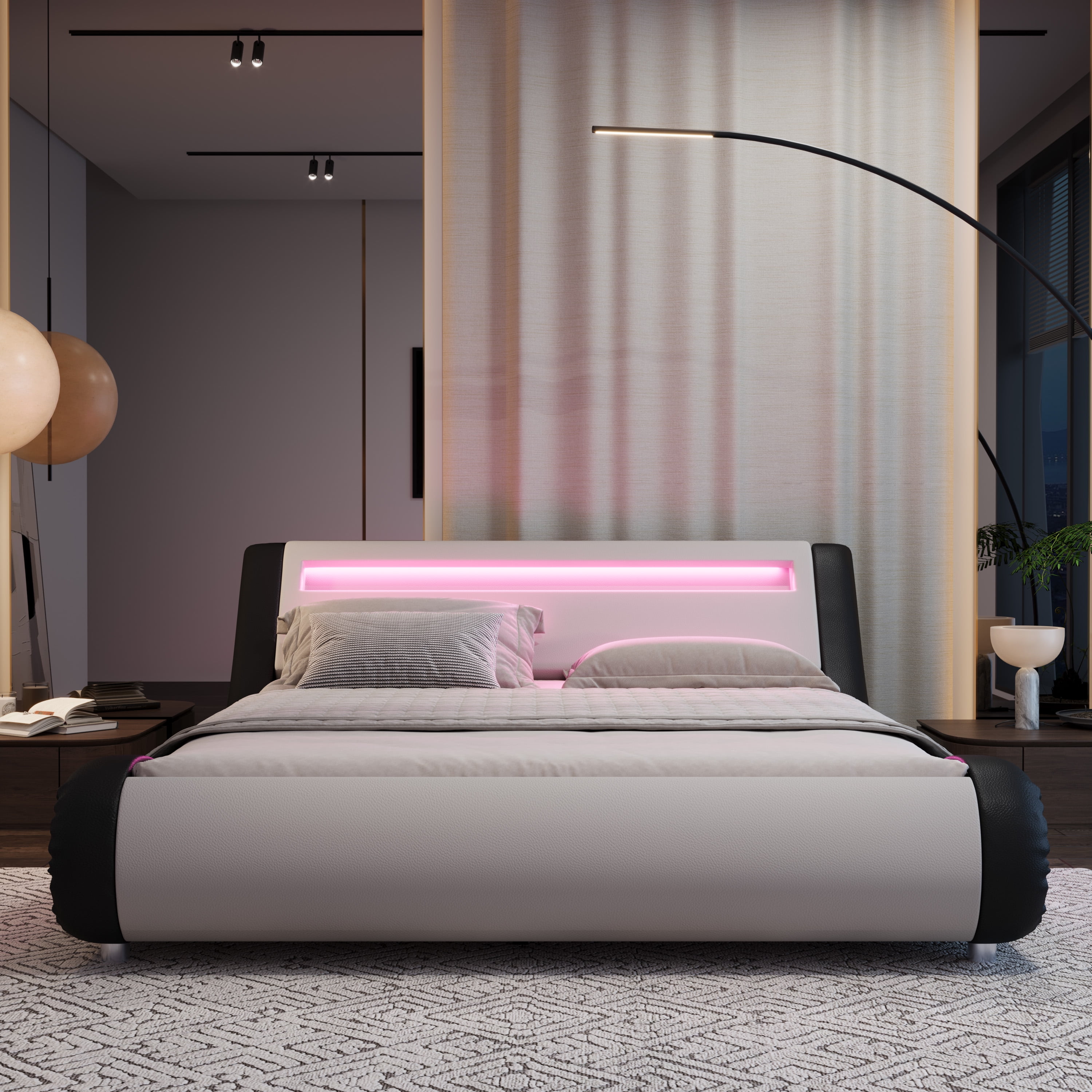 Sifurni Queen size Wave-Like Curve Deluxe Upholstered Modern Bed Frame with LED Headboard, Black+White