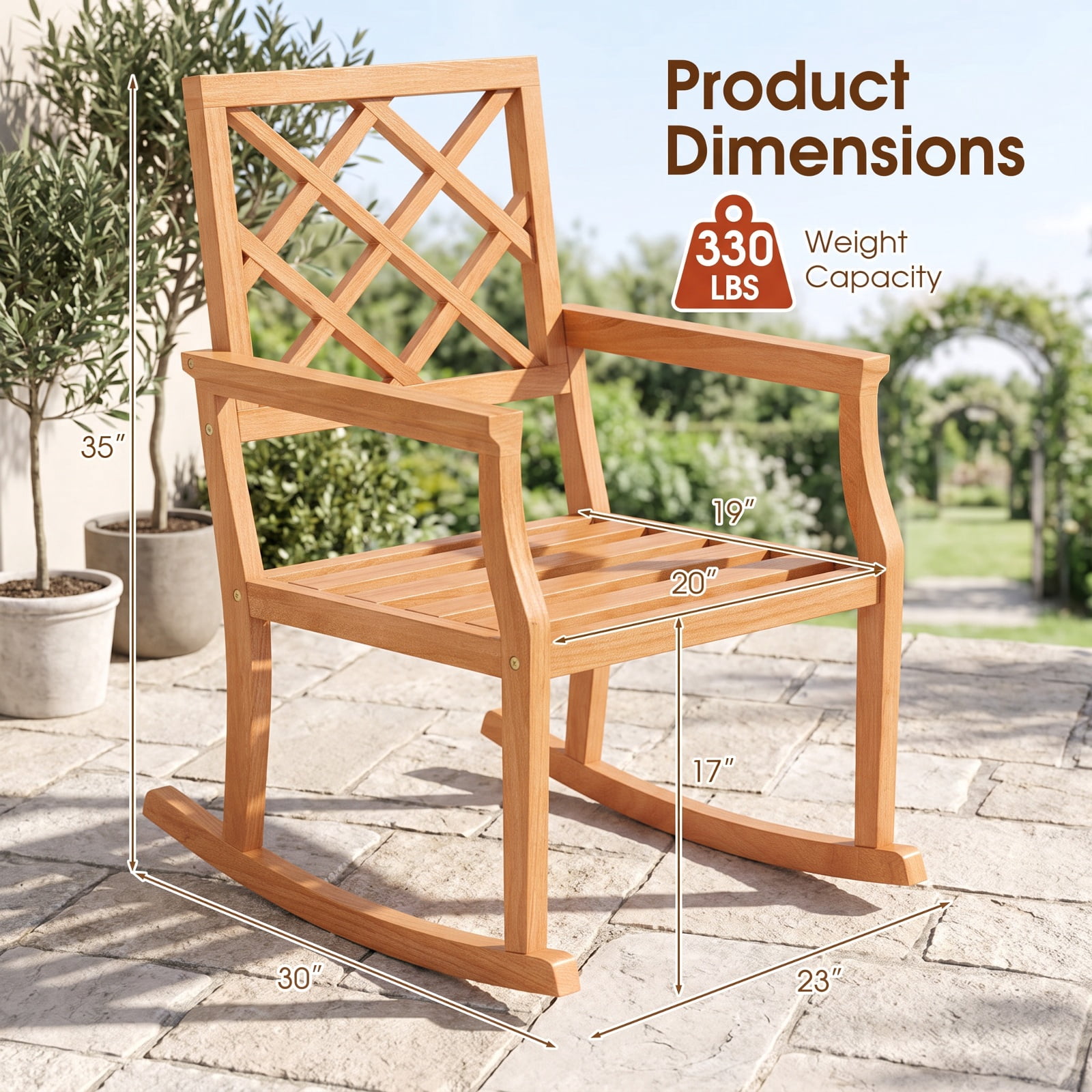 Furnibear Outdoor Rocking Chair Solid Teak Wood for Patio Porch Poolside Brown 400 lbs Capacity Weather-Resistant Outdoor Furniture