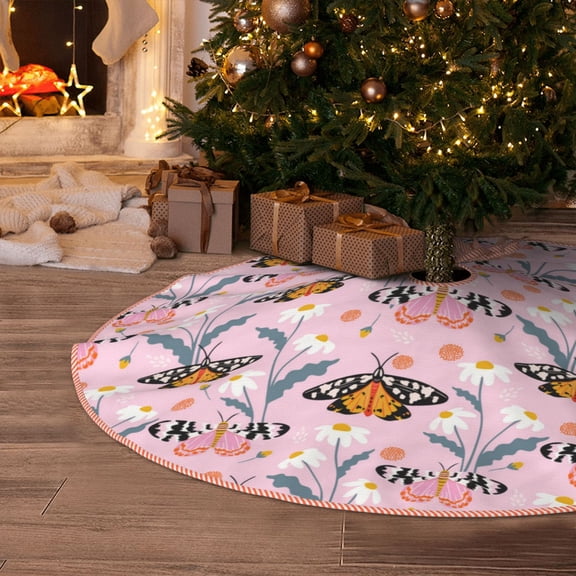 Halloween Christmas Tree Skirt - Pink Butterfly Daisy 30 Inches Christmas Tree Skirt for Halloween Holiday Indoor Home Christmas Tree Decorations with Three Ribbons