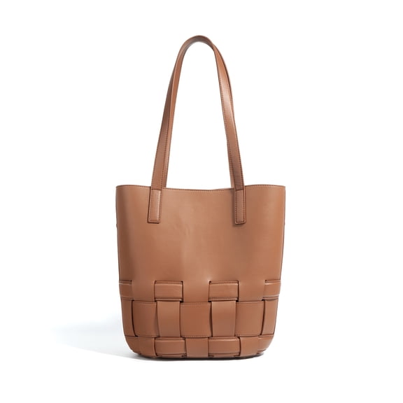 Genuine Cowhide Women Tote Bag, Woven Bucket Shoulder Bag, Removable Inner Pouch