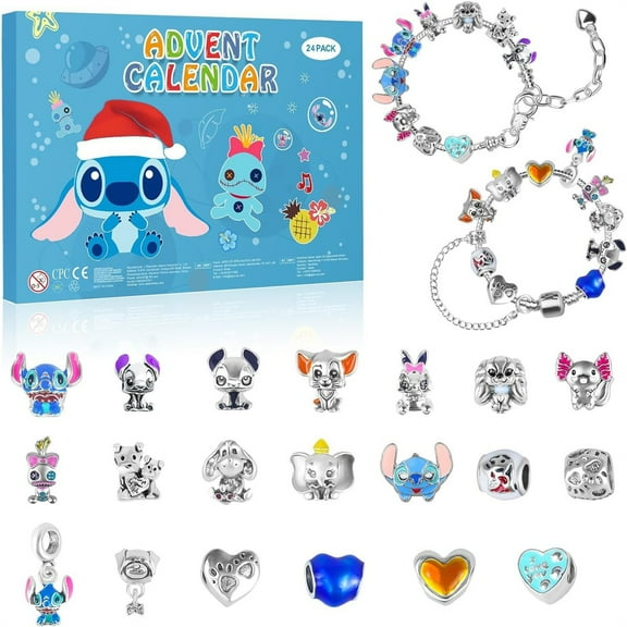 HEXNNHA Cartoon Stitch Christmas Advent Calendar Box with 24 Surprise Bracelets for Kids - Countdown to Xmas Gift Set for Girls QH91-083