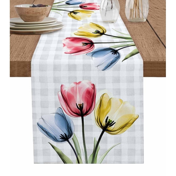 Ldtrchee Spring Tulip Floral Table Runner 48 Inches, Botanical Aesthetics Grey Grid Bed Runner Dresser Scarves Tabletop for Indoor Outdoor Parties/Ceremony/Banquet, 13" x 48"