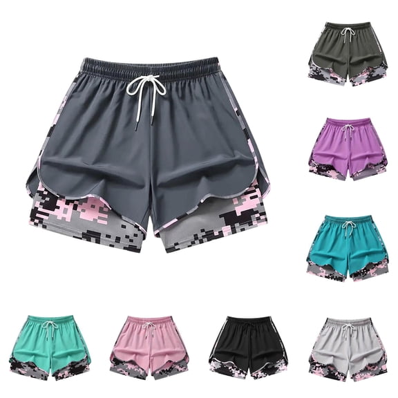 Gyujnb Women 2‑in‑1 Athletic Shorts Drawstring Elastic Waist Double Layer Anti‑Chafing Workout Shorts with Pockets,Dark Gray