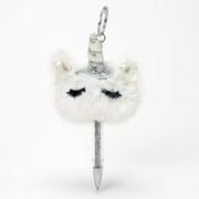 Claire’s White Pom Pom Plush Unicorn Ballpoint Pen W silver Glitter Keychain