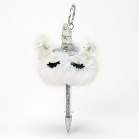 Claire’s White Pom Pom Plush Unicorn Ballpoint Pen W silver Glitter Keychain