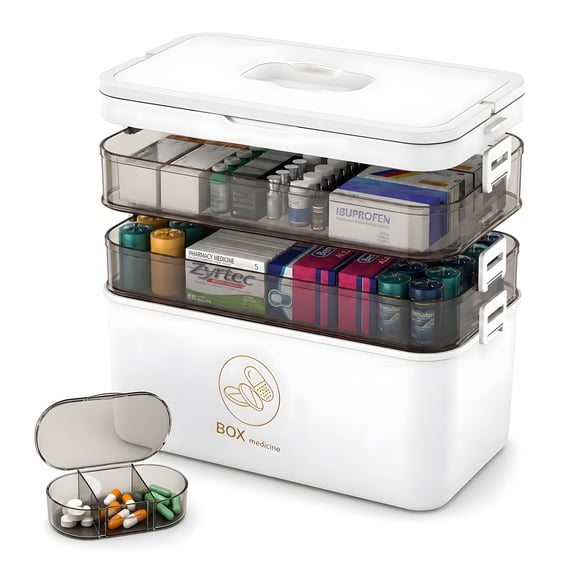 3-Tier Medicine Organizer - Portable Medicine Cabinet with Plastic Handle, Multipurpose Medical Box, Pill Organizer, Empty First Aid Kit for Home