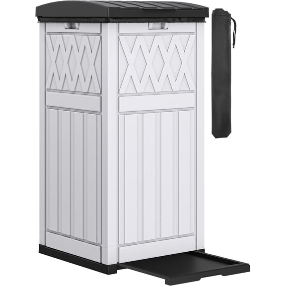 36-Gallon Outdoor Trash Can with Fabric Bag Tiered Lid and Drip Tray Waterproof Resin Garbage Bin Grayish-White