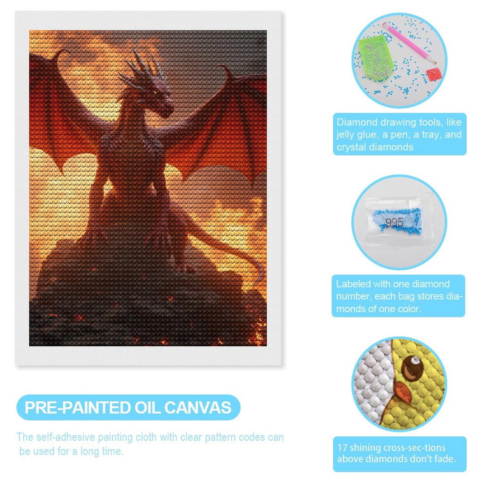 Diamond Art Kit for Adults, Fiery Mythical Dragon On Rock Diamond Painting for Adults Beginners, 5D DIY Diamond Art Painting Kits, Colorful Diamond Painting Craft for Home Decor 12x16